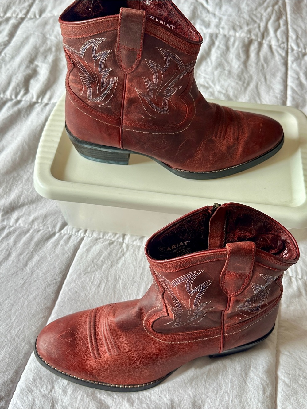 Ariat Red Leather Ankle Cowboy Boots with Decorative Stitch - Picture 2 of 5